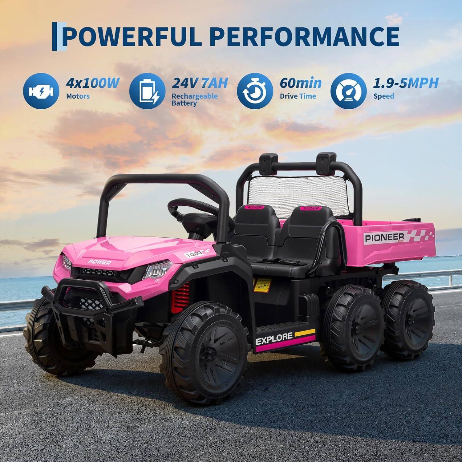 POWERFUL PERFORMANCE

4x100W Motors  
24V 7AH Rechargeable Battery  
60min Drive Time  
1.9-5MPH Speed  

PIONEER  
EXPLORE