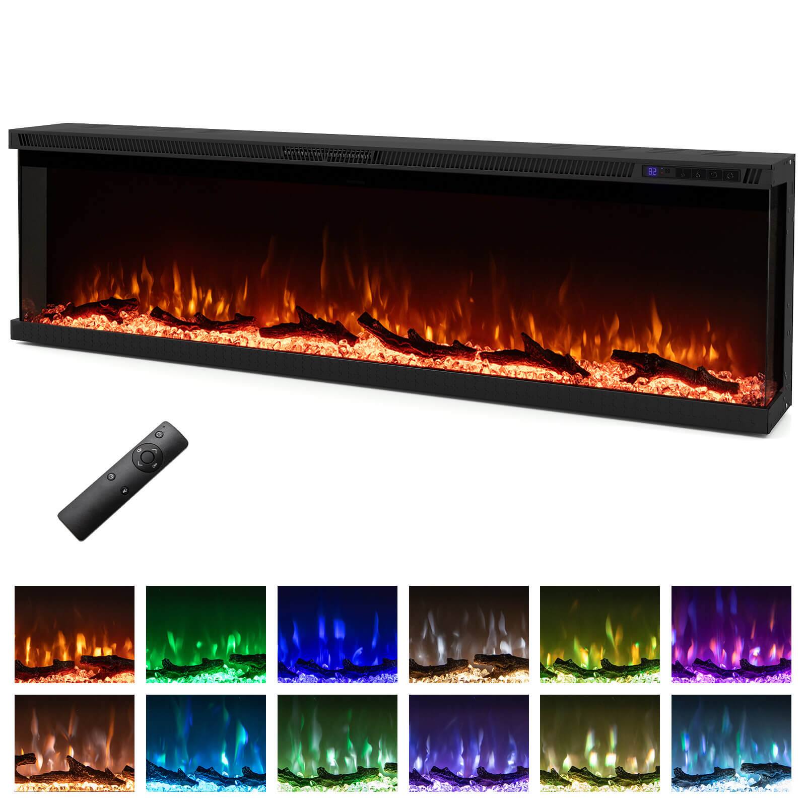 Costway - 60" Wide 3-Sided Electric Fireplace Insert 750with 1200W Recessed Wall-Mounted Heater - Black