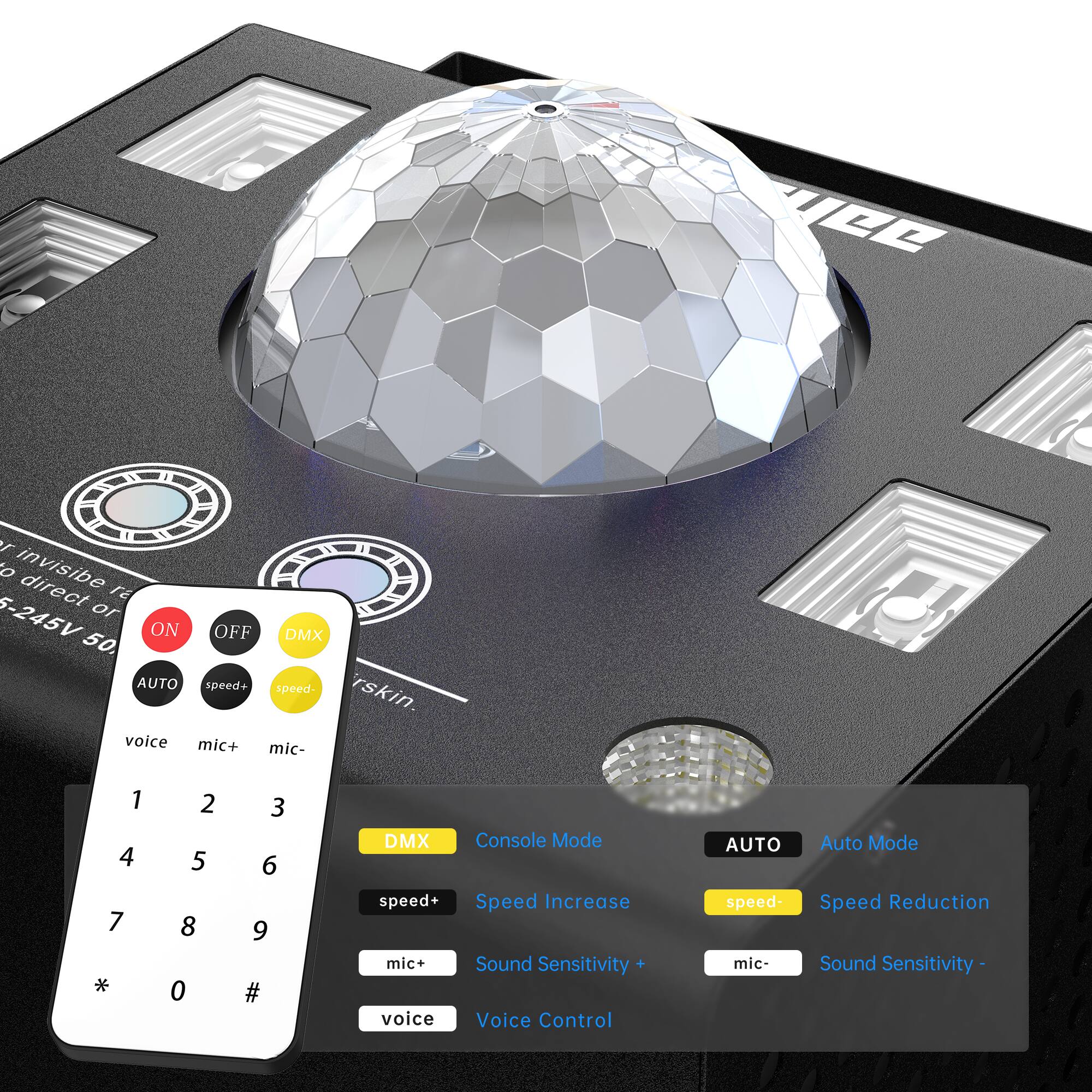 - Invisible direct
- 5-245V or ON OFF DMX 50
- AUTO speed+ speed- mic+ mic- 1 4 7 * 2 5 8 0 3 6 9 #
- DMX Console Mode
- speed+ Speed Increase
- mic+ Sound Sensitivity
- voice Voice Control
- AUTO speed- mic- Auto Mode
- Speed Reduction
- Sound Sensitivity

- ON
- OFF
- DMX
- AUTO
- speed+
- speed-
- voice
- mic+
- mic-
- 1 2 3
- 4 5 6
- 7 8 9
- * 0 #
- DMX Console Mode
- AUTO Auto Mode
- speed+ Speed Increase
- speed- Speed Reduction
- mic+ Sound Sensitivity +
- mic- Sound Sensitivity -
- voice Voice Control