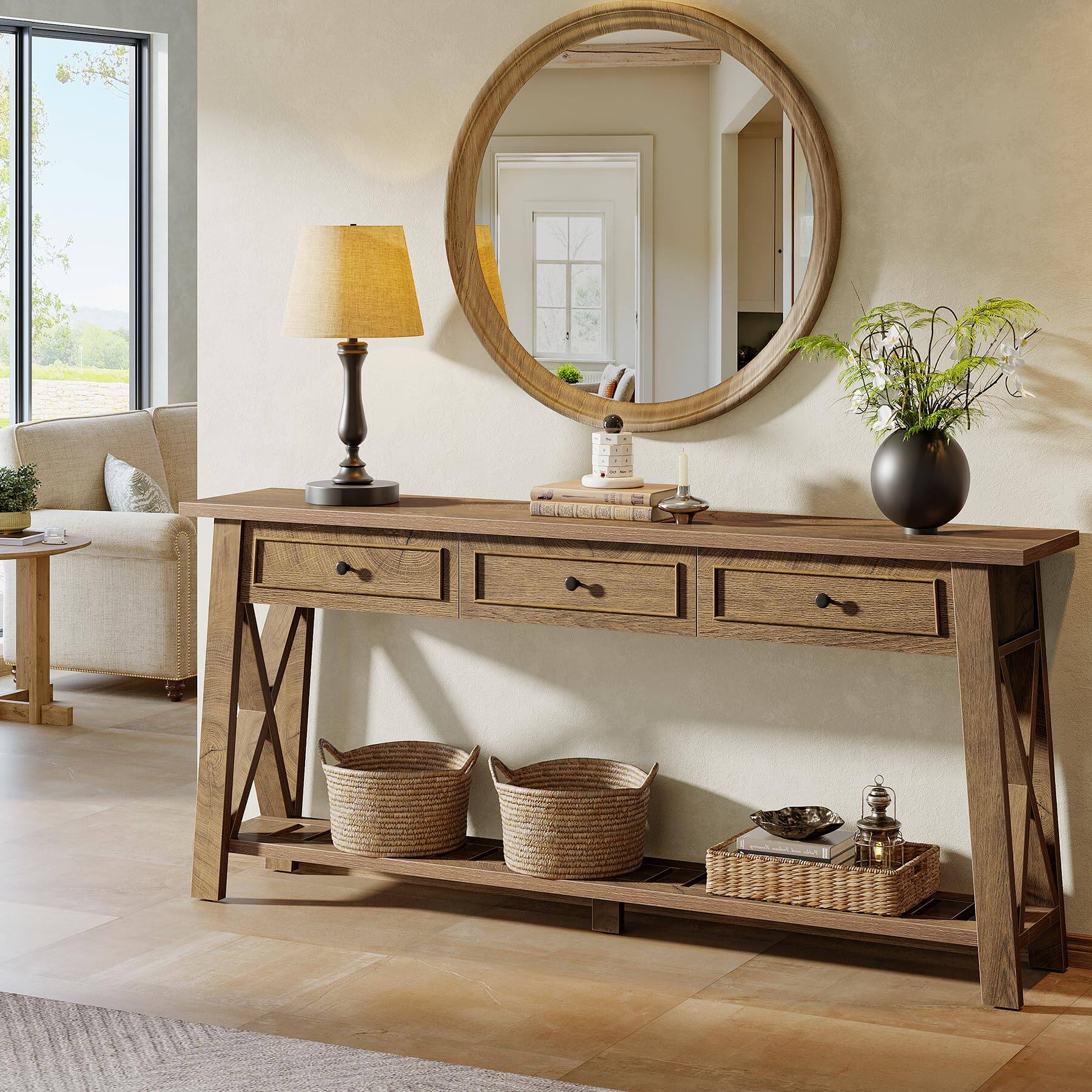 Left. Tribesigns - Console Table with 3 Storage Drawers, 70.87 Inches Extra Long Sofa Table Behind Couch with Bottom Shelf, Farmhouse Woode - Brown.