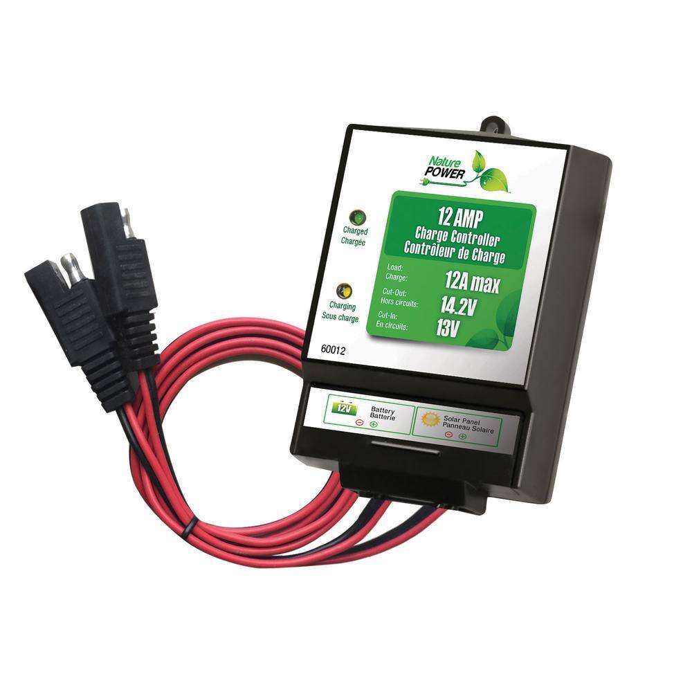 Nature POWER 12 AMP Charged Charge Controller  
Contrôleur de Charge  
Load: 12A  
Cut-Out: 14.2V  
Hors circuits: 13V  
Charge: 12A  
Sous charge: 13V  
60012  
12V Battery  
Solar Panel
