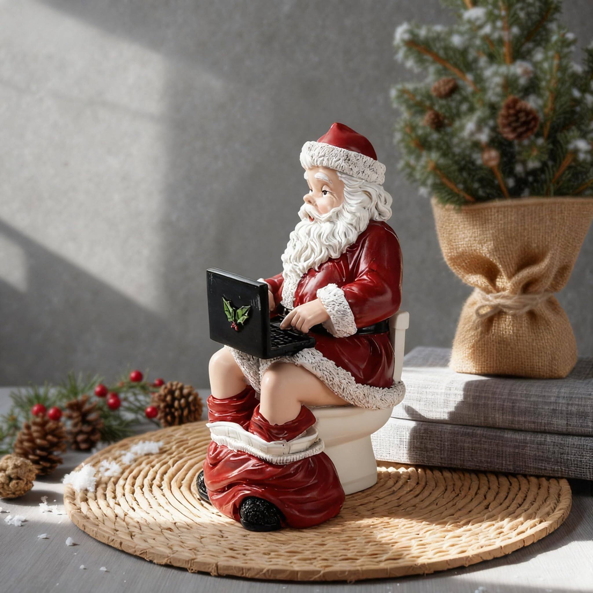 Paradigms Interiors - Funny Santa On Toilet With Laptop Figurine Christmas Decorations Claus Statue Holiday Desk Decor Hilarious - Default