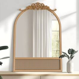 Lirago - 36" x 24" rattan weaving Arched Hanging Bathroom Mirror with Gold Scratch-Resistant Aluminum Alloy Frame - Brown