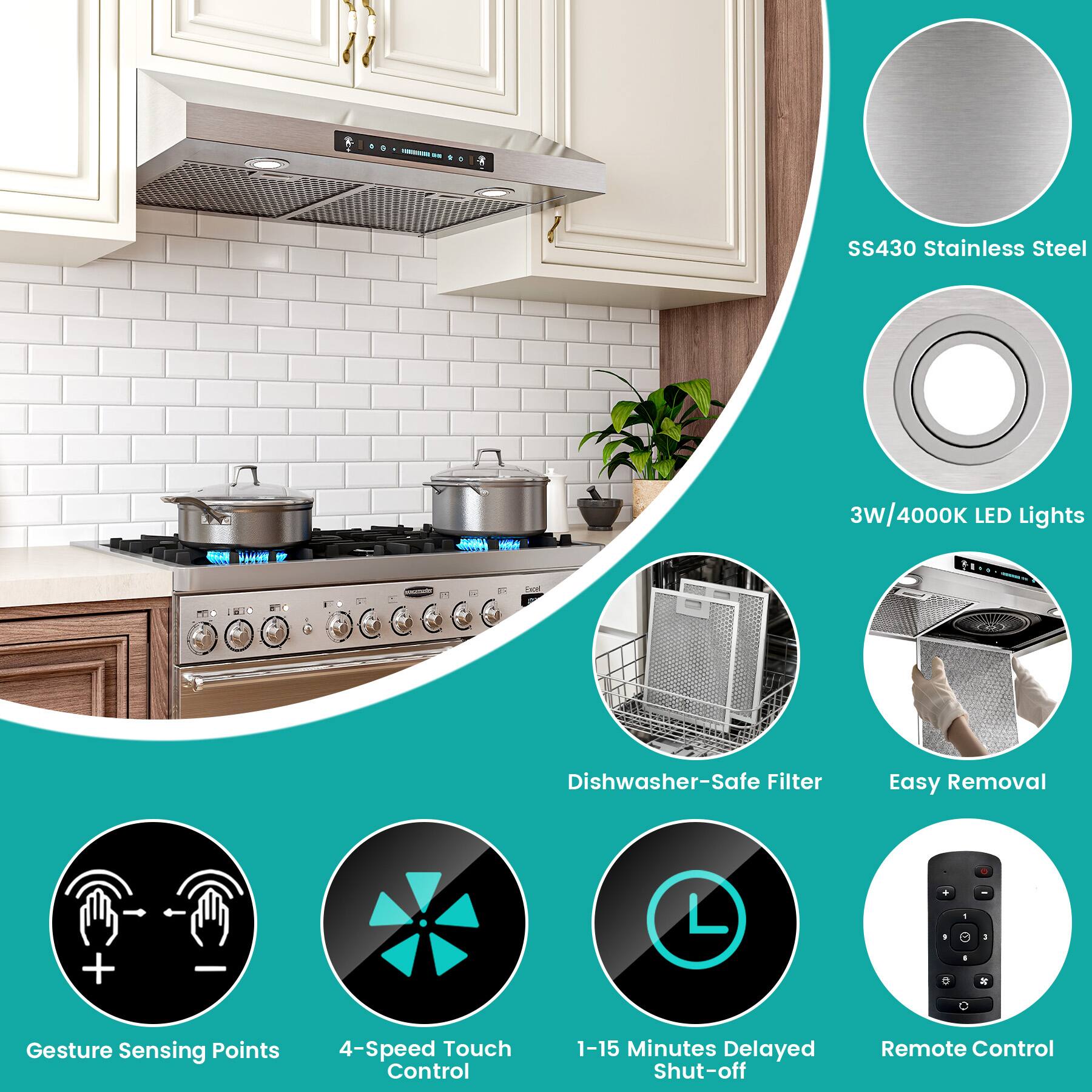 SS430 Stainless Steel  
3W/4000K LED Lights  
Dishwasher-Safe Filter  
Easy Removal  
Gesture Sensing Points  
4-Speed Touch Control  
1-15 Minutes Delayed Shut-off  
Remote Control