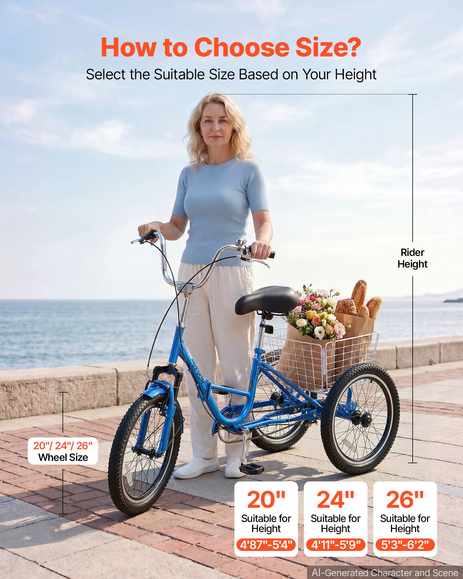 How to Choose Size?  
Select the Suitable Size Based on Your Height

Rider Height

20"/ 24"/ 26" Wheel Size

20"  
Suitable for Height 4'8"-5'4"

24"  
Suitable for Height 4'11"-5'9"

26"  
Suitable for Height 5'3"-6'2"

AI-Generated Character and Scene