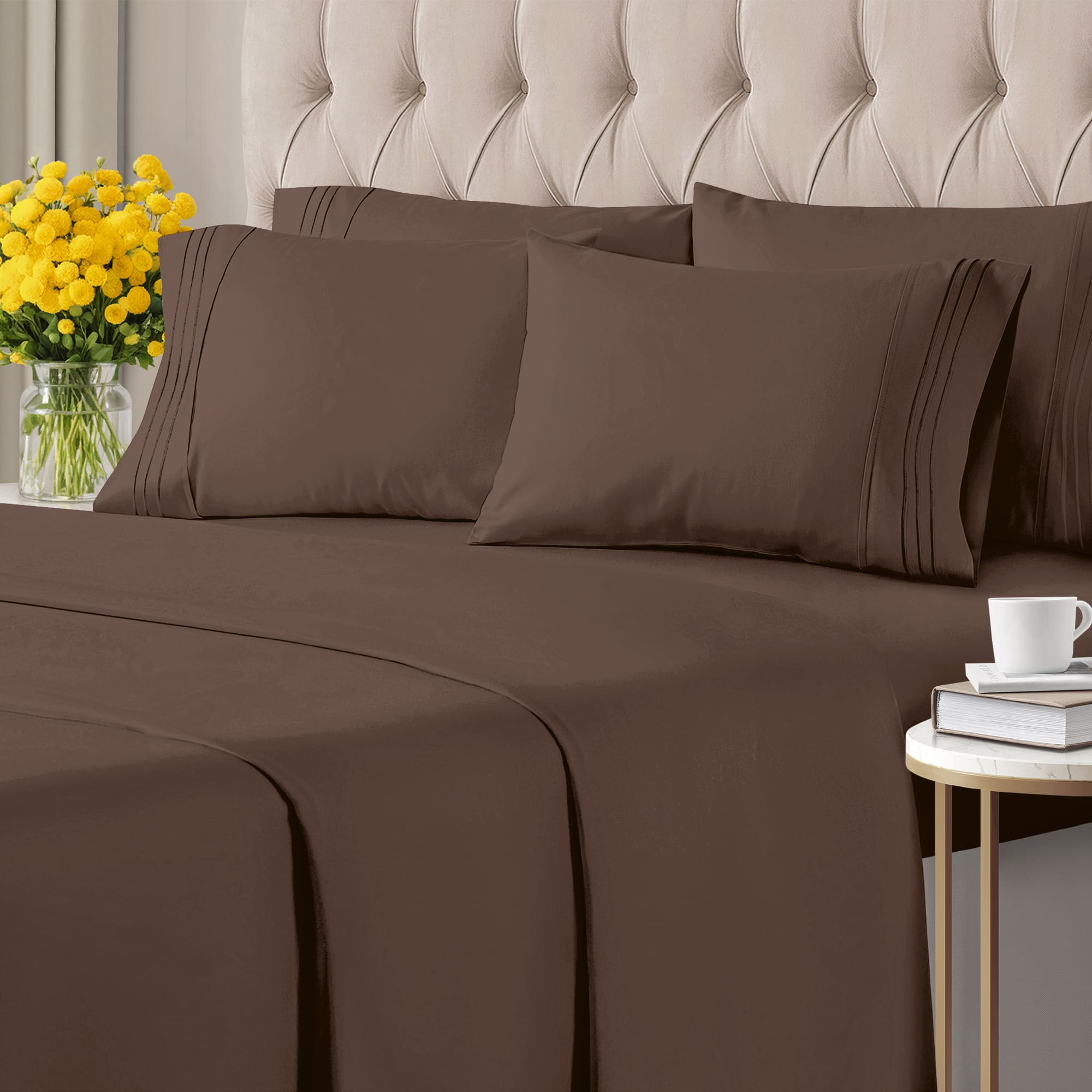 Front. CGK Linens - Ultra Soft Solid 6 Piece Sheet Set - Comfortable Bed Sheets & Extra Pillowcases - Full - Brown.
