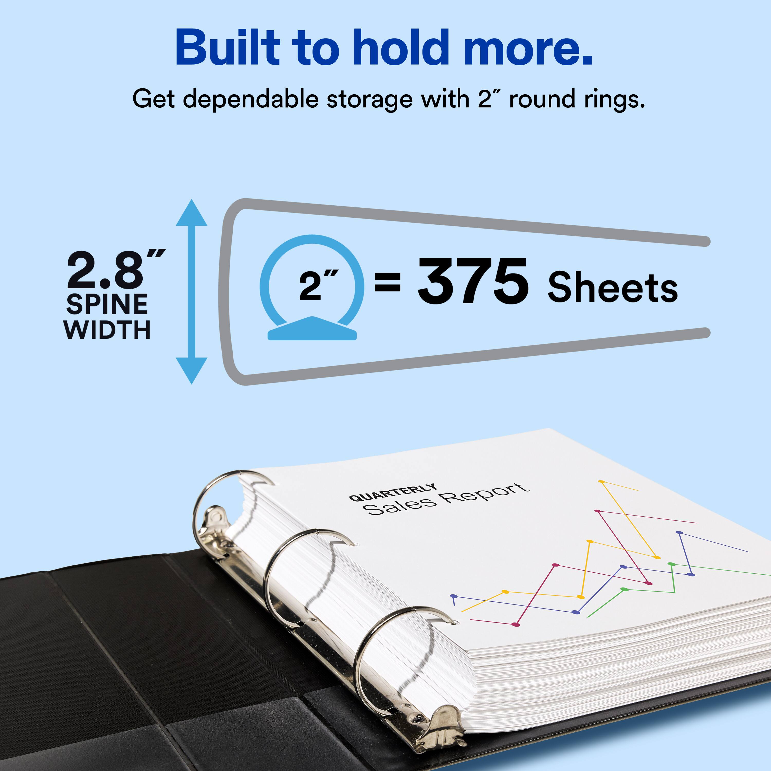 Built to hold more.  
Get dependable storage with 2" round rings.  

2.8" SPINE WIDTH  
2" = 375 Sheets  

QUARTERLY Sales Report