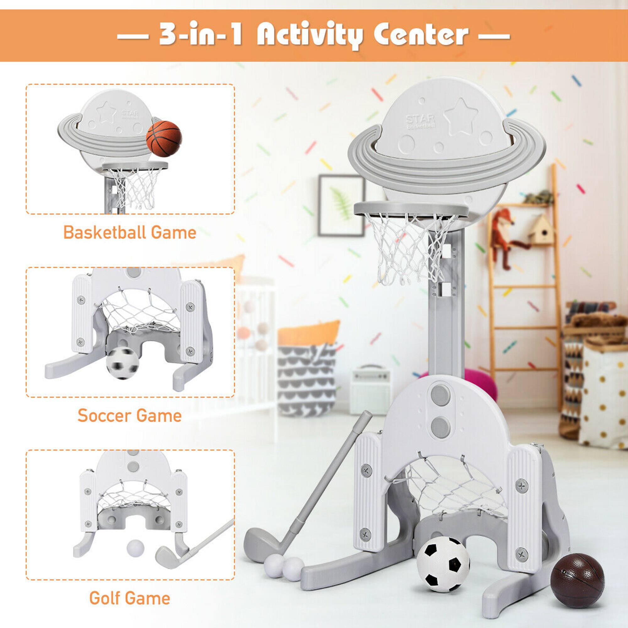 3-in-1 Activity Center

Basketball Game
Soccer Game
Golf Game