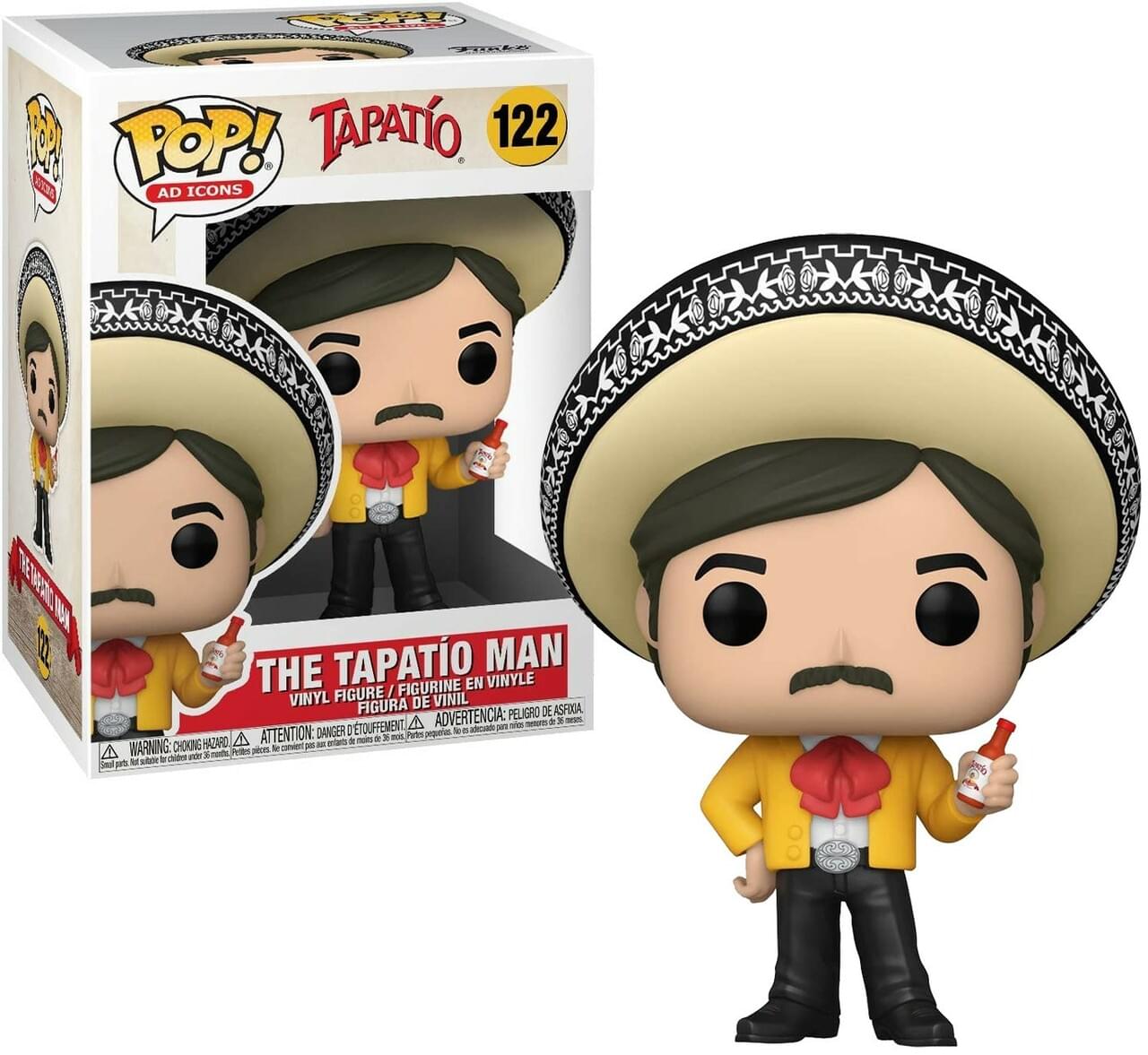 Sure, here is the corrected and grouped text from the image:

---

**POP! AD ICONS**

**TAPATIO 122**

**THE TAPATIO MAN**

**VINYL FIGURE / FIGURINE EN VINYLE / FIGURA DE VINIL**

**WARNING: CHOKING HAZARD - Small parts. Not for children under 3 years.**

**ADVERTENCIA: PELIGRO DE ASFIXIA - Piezas pequeñas. No es adecuado para menores de 3 años.**

**ATTENTION: DANGER - PELIGRE DE TOUFFEMENT - Petits pièces. Ne convient pas aux enfants de moins de 3 ans.**

---