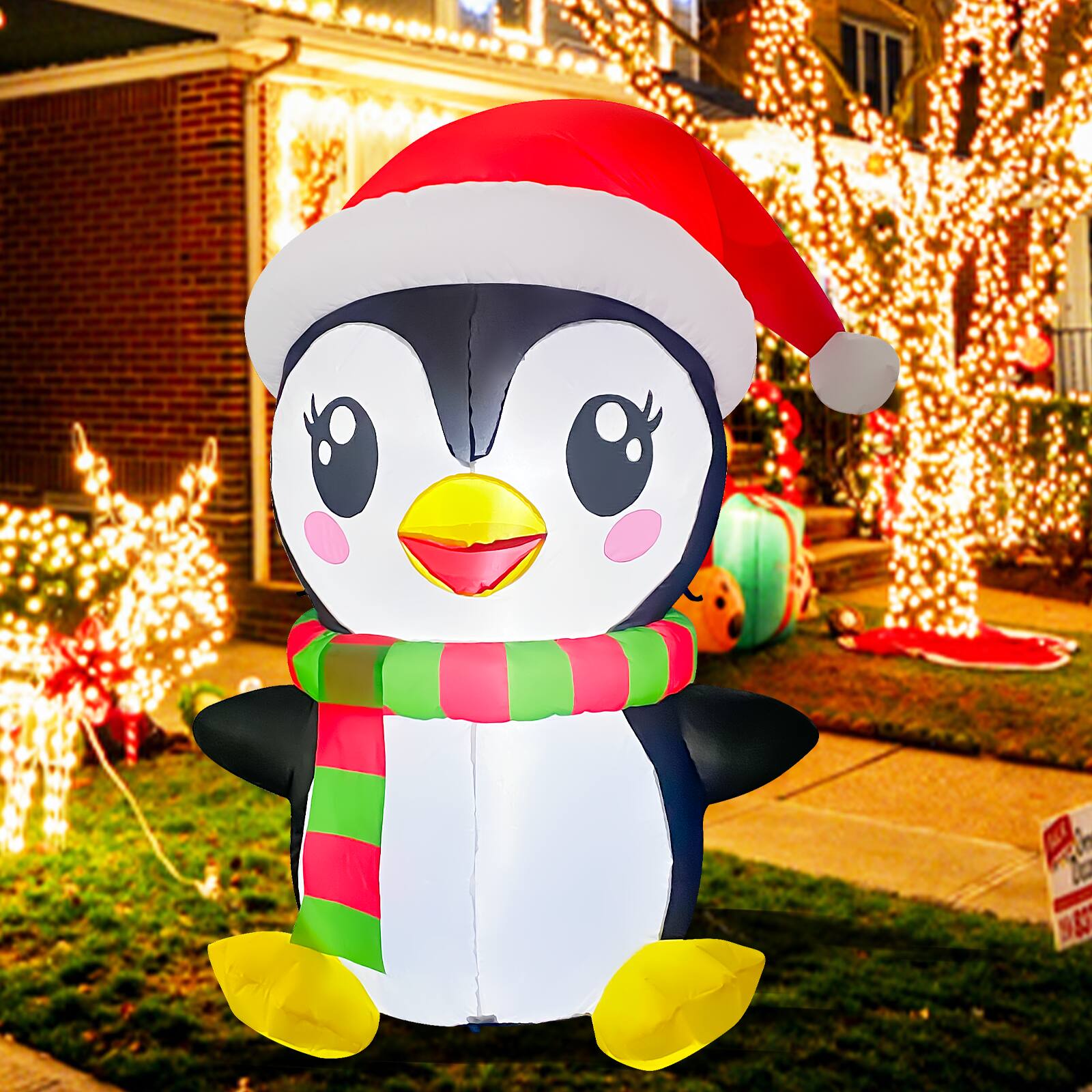 Back. GOOSH Inflatables - GOOSH 5FT Christmas Penguin Inflatable with Santa Hat, Scarf, and LED Lights - Black.