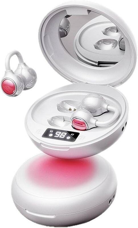 SKRAN - Open Ear Wireless Earbuds Bluetooth 5.4, Clip-On, Mini Mirror Charging Case, LED Display, Lightweight for Workouts - White