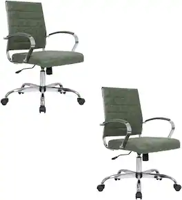 LeisureMod - Set of 2 - Benmar Modern Leather Office Desk Chair with Ribbed Seat and Steel Frame Computer Chair - Green