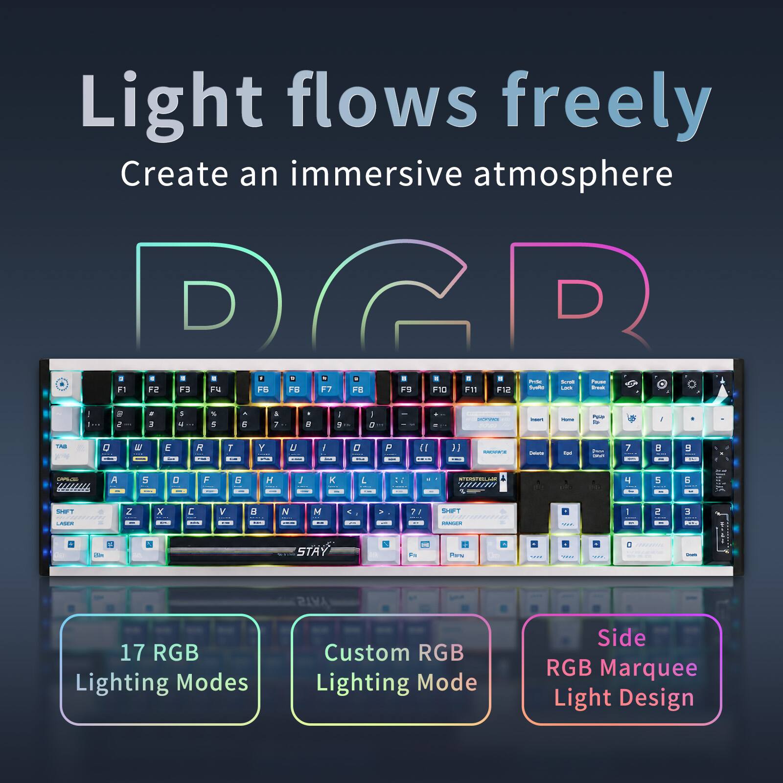 Light flows freely  
Create an immersive atmosphere  

DGR  

17 RGB Lighting Modes  
Custom RGB Lighting Mode  
Side RGB Marquee Light Design