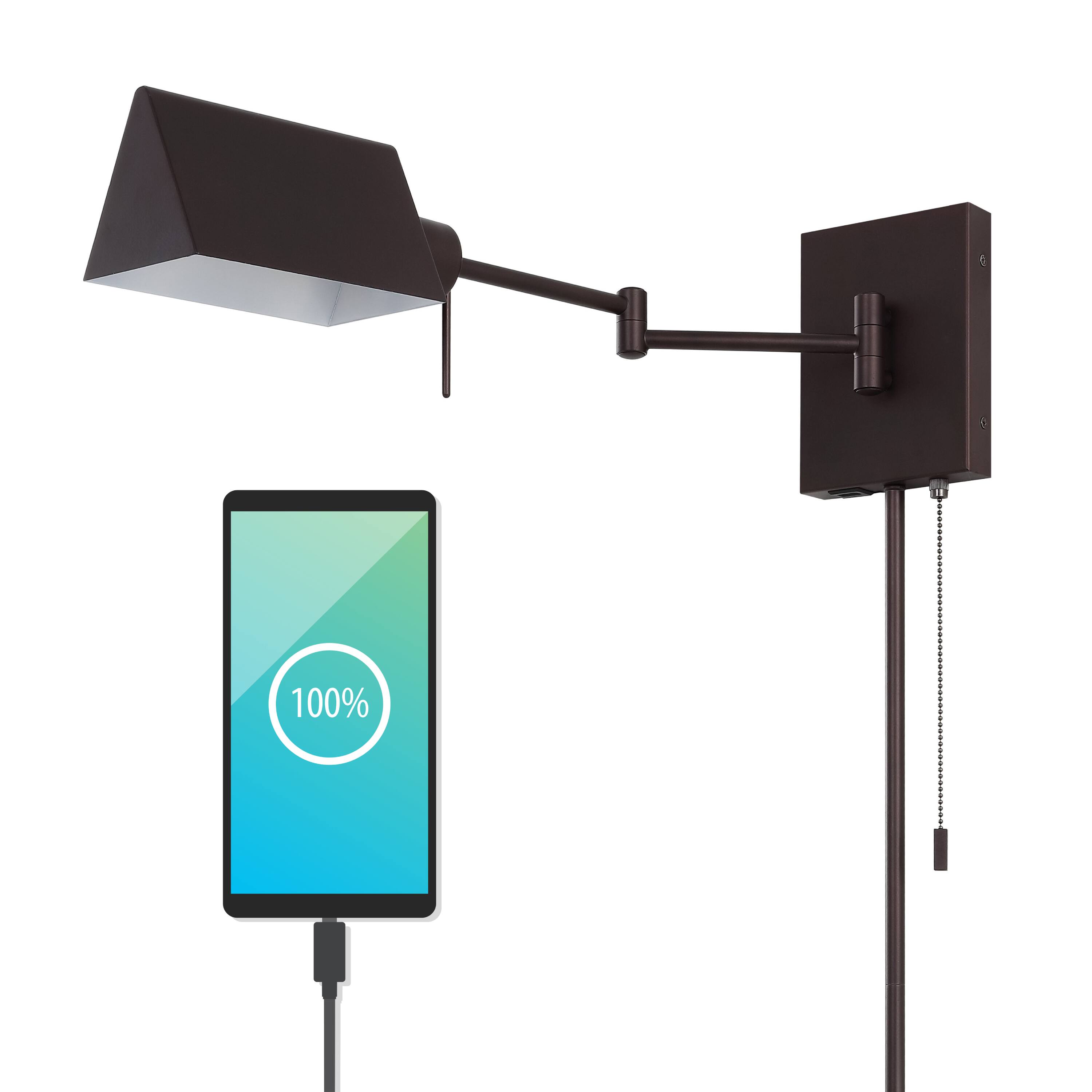 Alt View 6. Jonathan Y - Arlo 22" Single Swing Arm Plug-In or Hardwired Iron LED Wall Sconce with Pull-Chain USB Charging Port, Oil Rubbed Bronze - Oil Rubbed Bronze.