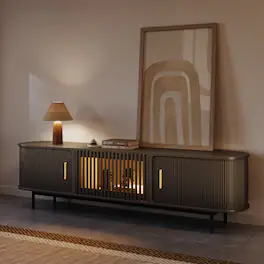 POVISON - 79"Mid-Century Modern Tambour Door TV Stand with LED Lights - Black with LED Lights