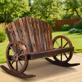 Winado - 36inch Wooden Wagon Adirondack Rocking Chair Rustic with High Back, Slatted Seat, Wheel Armrest for Indoor Outdoor Porch - Carbonized