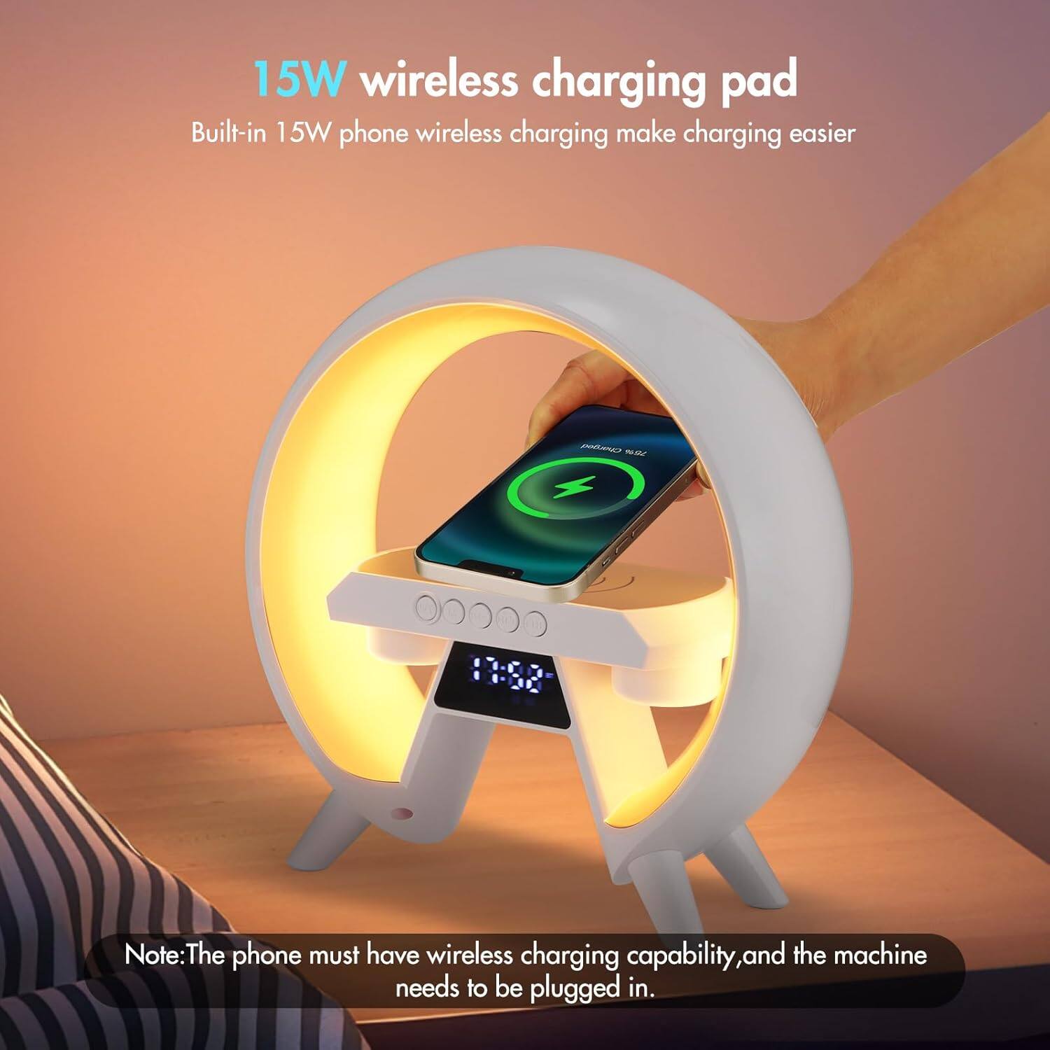 15W wireless charging pad  
Built-in 15W phone wireless charging make charging easier  

Note: The phone must have wireless charging capability, and the machine needs to be plugged in.