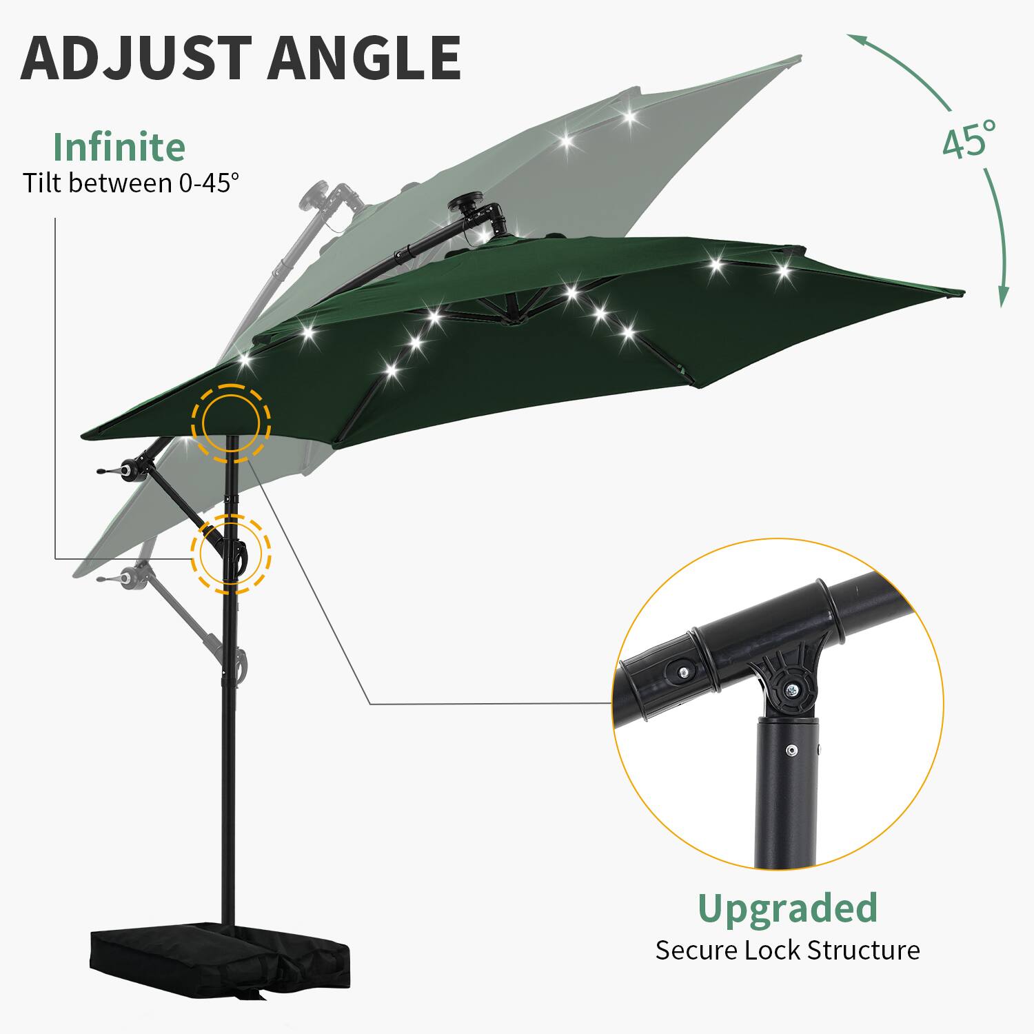 ADJUST ANGLE  
Infinite Tilt between 0-45°  

Upgraded Secure Lock Structure