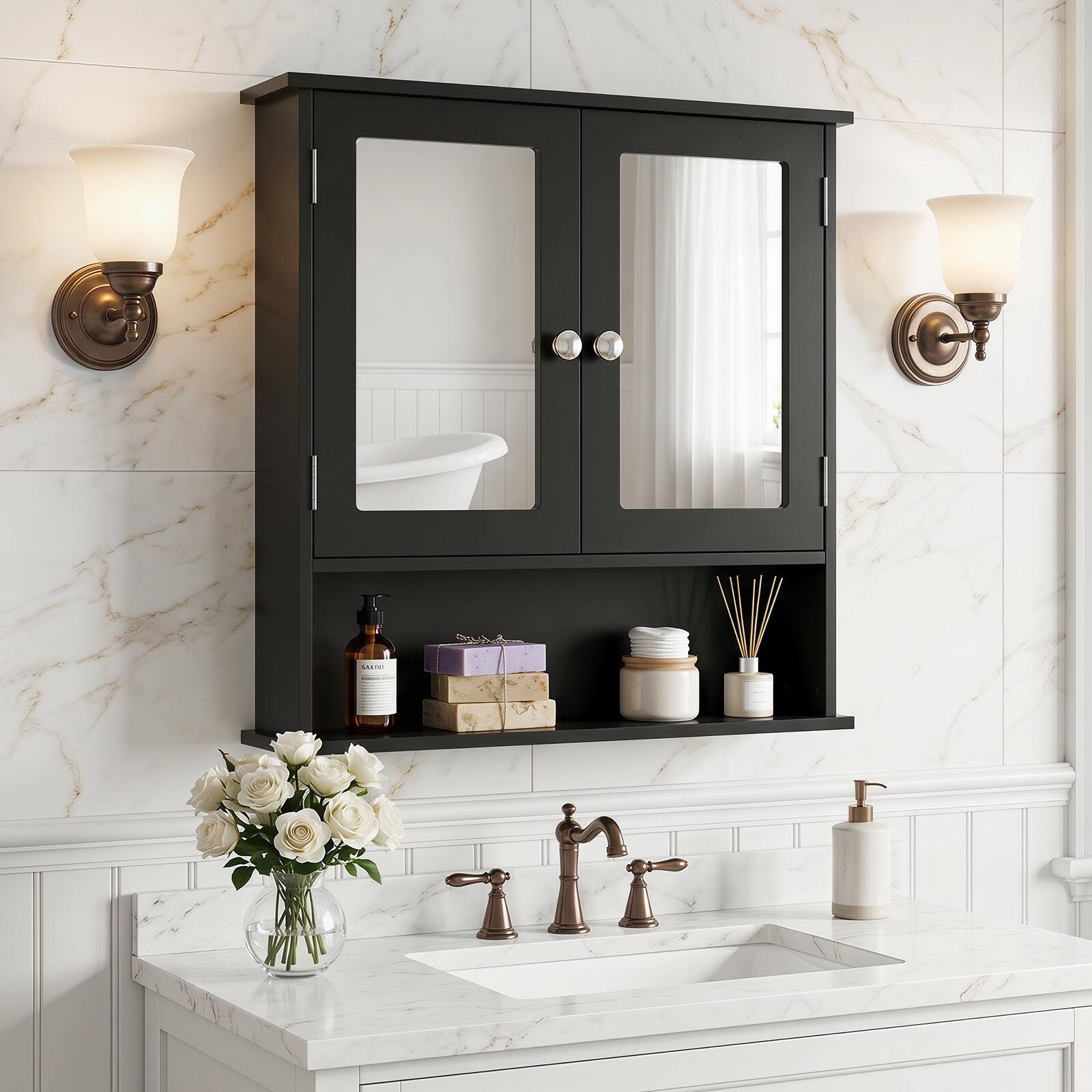 Alt View 3. Costway - Costway Wall Mount Mirror Cabinet Bathroom Medicine Cabinet Organizer Black - Black.