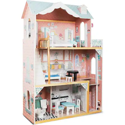 Front. Lil' Jumbl - Kids Wooden Dollhouse, 3 Story X-Large Doll House with Elevator, Accessories & Furniture - Blue.
