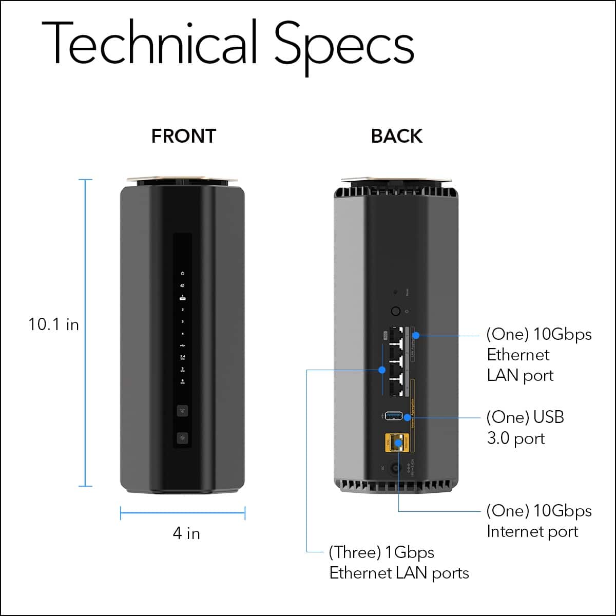 Technical Specs:
Front:
- 10.1 in.
- 1 USB 3.0 port
- 4 in.
- 10Gbps Ethernet LAN port (One)
- 10Gbps Internet port (Three)
Back:
- 10Gbps Ethernet LAN port (One)
- 1 USB 3.0 port
- 4 in.
- 10Gbps Internet port (Three)