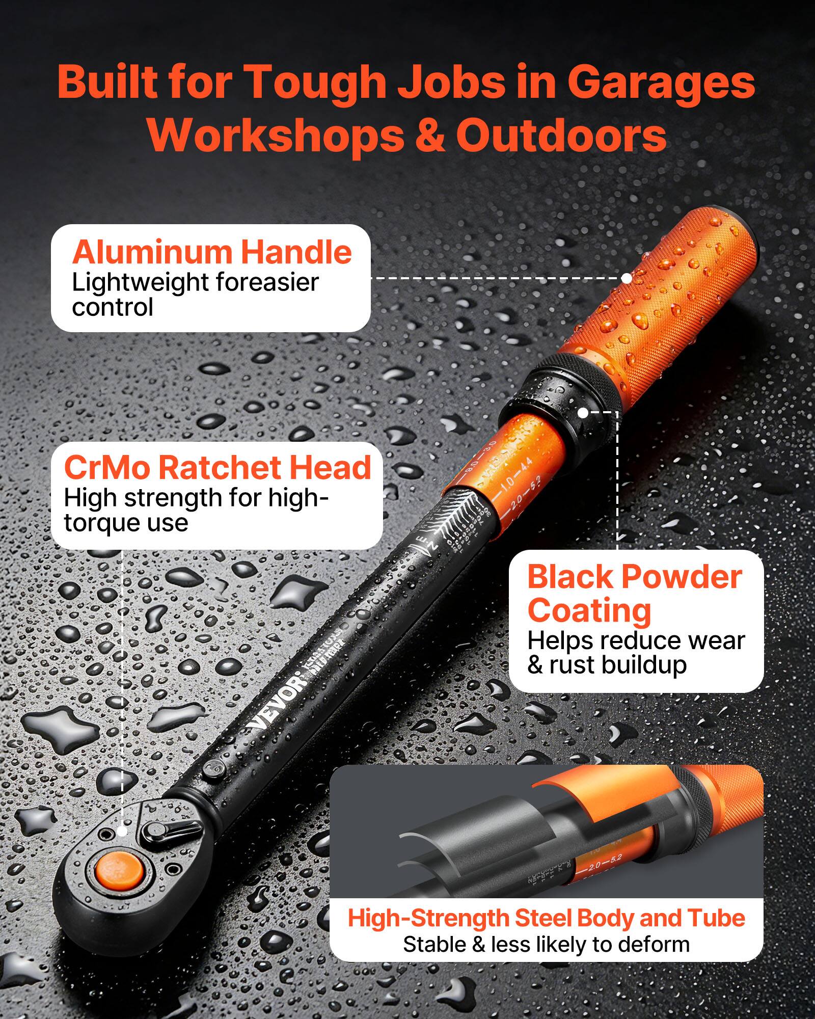Built for Tough Jobs in Garages Workshops & Outdoors

- Aluminum Handle
  - Lightweight for easier control

- CrMo Ratchet Head
  - High strength for high-torque use

- Black Powder Coating
  - Helps reduce wear & rust buildup

- High-Strength Steel Body and Tube
  - Stable & less likely to deform