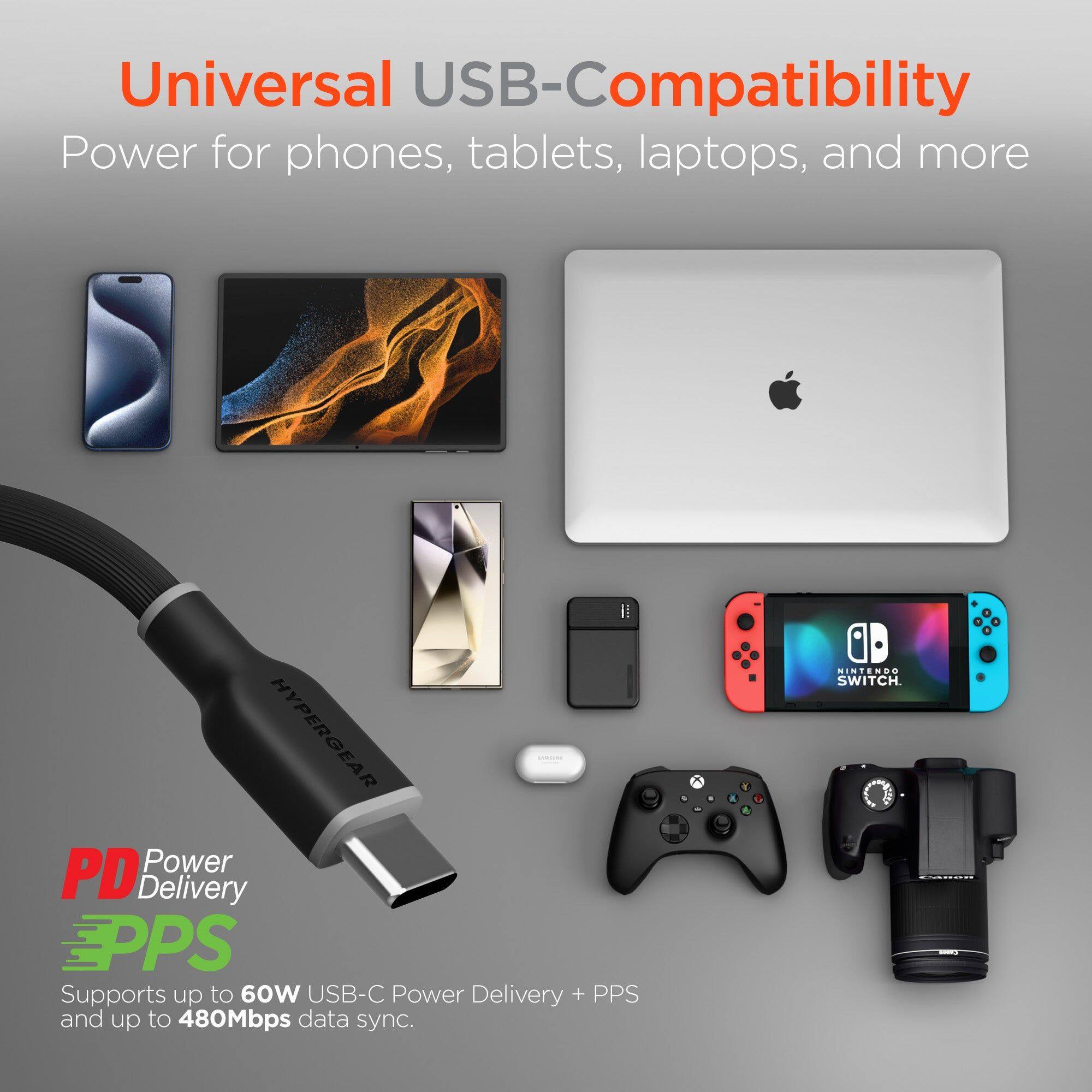 Universal USB-Compatibility  
Power for phones, tablets, laptops, and more  

HYPERGEAR Power PD Delivery EPPS  
Supports up to 60W USB-C Power Delivery + PPS and up to 480Mbps data sync.  

- A Y 1 OD IN ENRU SWITCH.