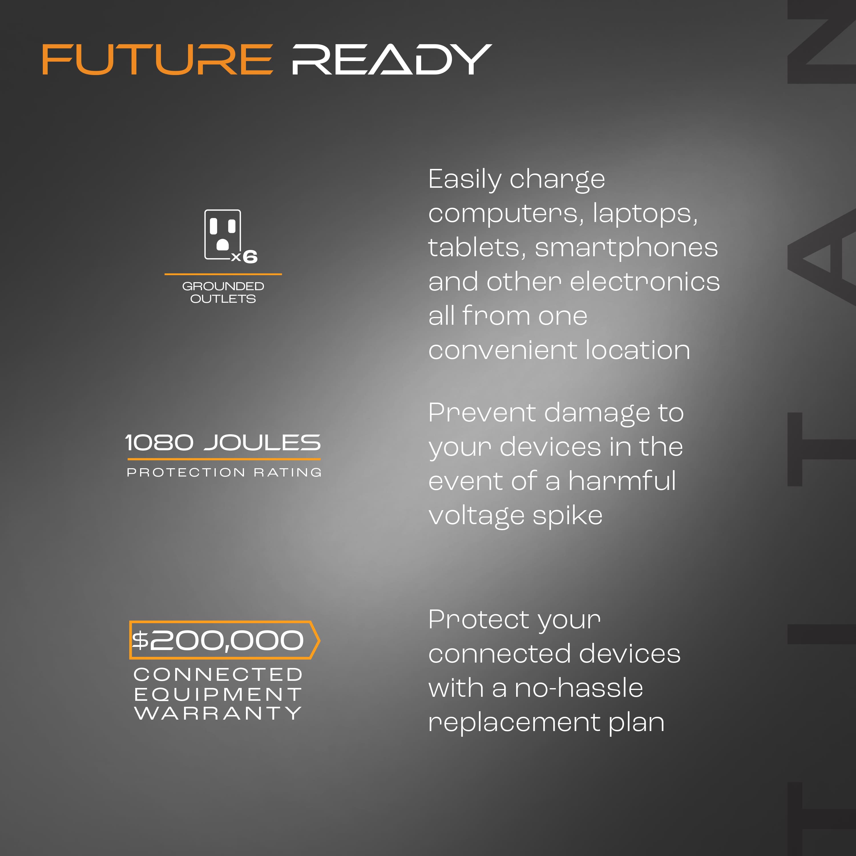 FUTURE READY
Easily charge computers, laptops, 6 tablets, smartphones, and other electronics all from one convenient location.
Prevent damage to your devices with 1080 joules of protection and a $200,000 connected equipment warranty.
Protect your connected devices from voltage spikes and harmful events with a no-hassle replacement plan.