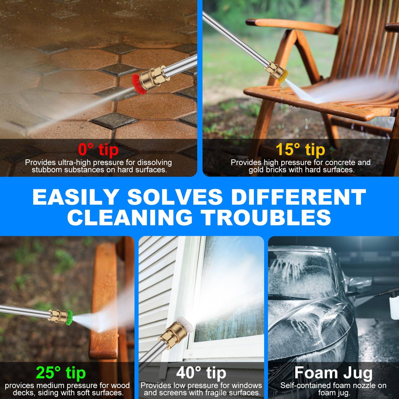 0 tip Provides ultra-high pressure for dissolving stubborn substances on hard surfaces.

15 tip Provides high pressure for concrete and gold bricks with hard surfaces.

25 tip Provides medium pressure for wood decks, siding with soft surfaces.

40 tip Provides low pressure for windows and screens with fragile surfaces.

Foam Jug Self-contained foam nozzle on foam jug.