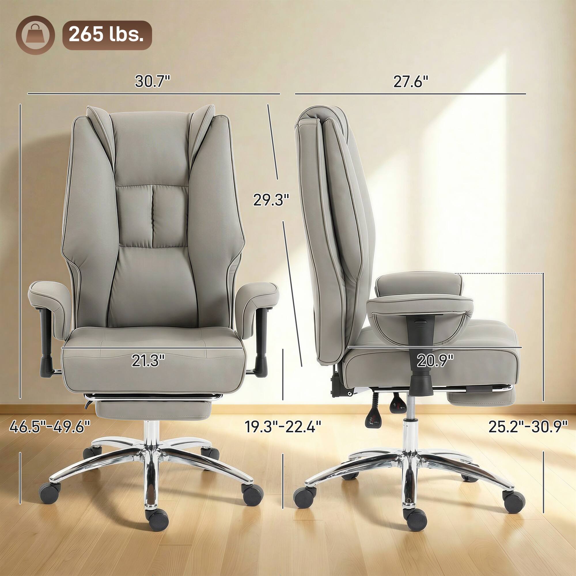 265 lbs.  
30.7"  
27.6"  
29.3"  
21.3"  
20.9"  
46.5"-49.6"  
19.3"-22.4"  
25.2"-30.9"