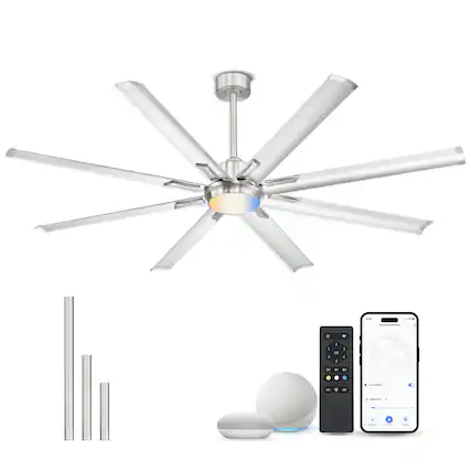 Front. JAZAVA - 72 Inch Bruehed Nickel Ceiling Fan With Light,Industrial Ceiling Fan With 8 Aluminium Metal Blades - Bruehed Nickel.