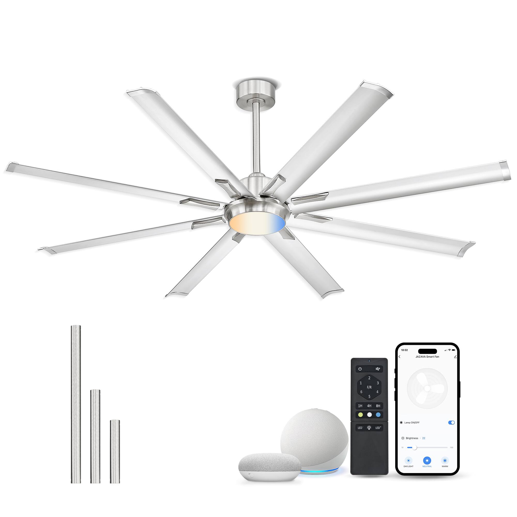 JAZAVA - 72 Inch Ceiling Fan With Light,Industrial Ceiling Fan With 8 Aluminium Metal Blades - Bruehed Nickel
