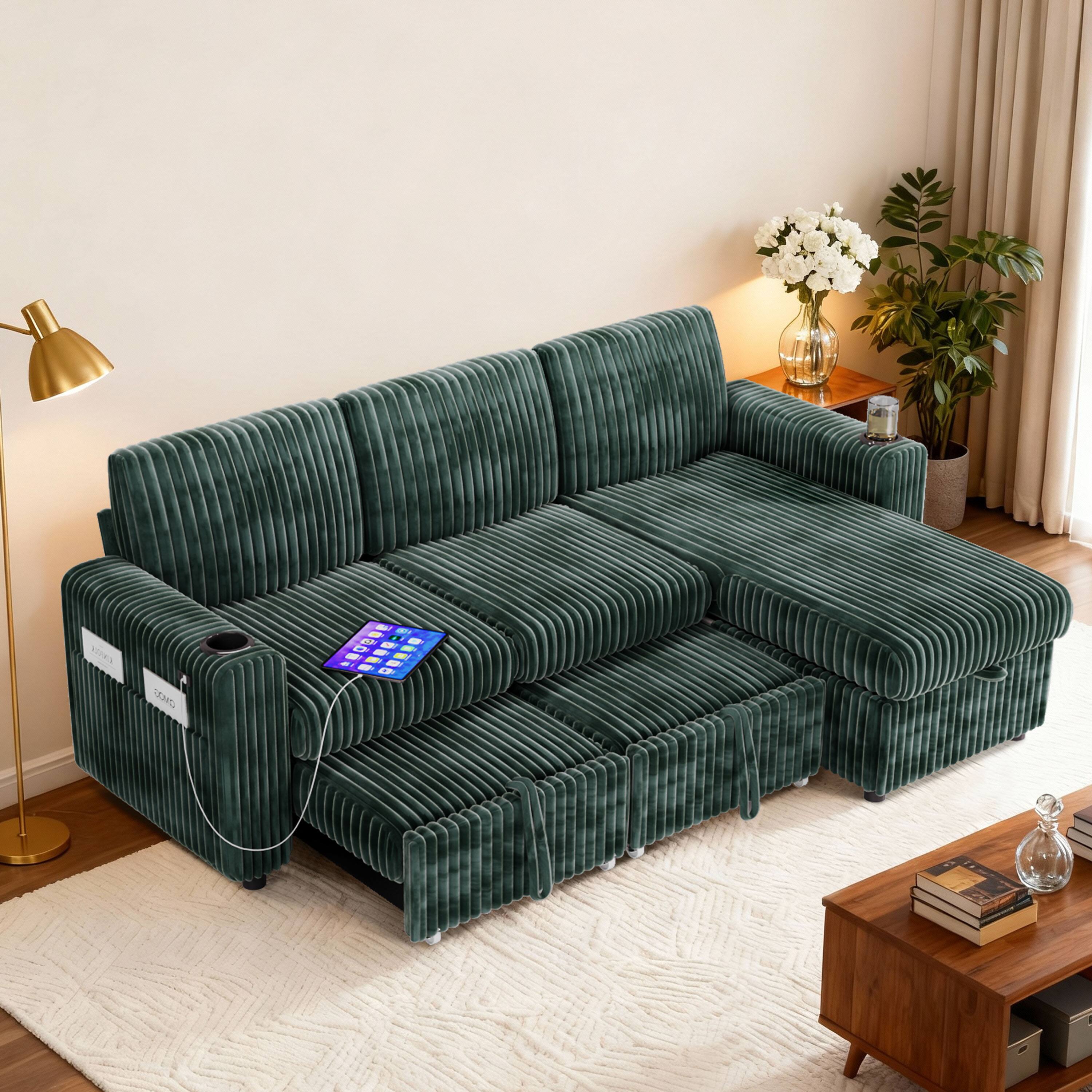 Alt View 1. Dyonery - Dyonery 101” Sectional Sleeper Sofa Bed with Pull Out Bed, L Shaped Couch Sleeper Sofa with Reclining Backrest - Green.