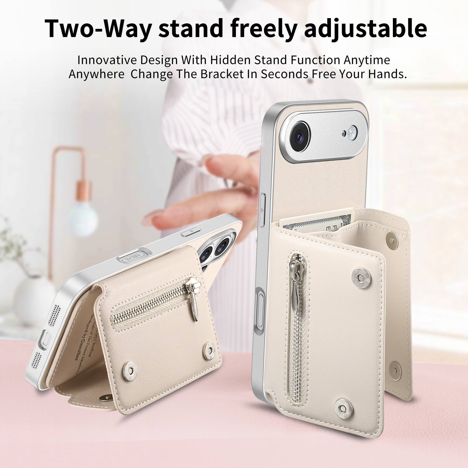 Two-Way stand freely adjustable  
Innovative Design With Hidden Stand Function Anytime Anywhere Change The Bracket In Seconds Free Your Hands.  

by Chologrand The Canofloo leather Abounts