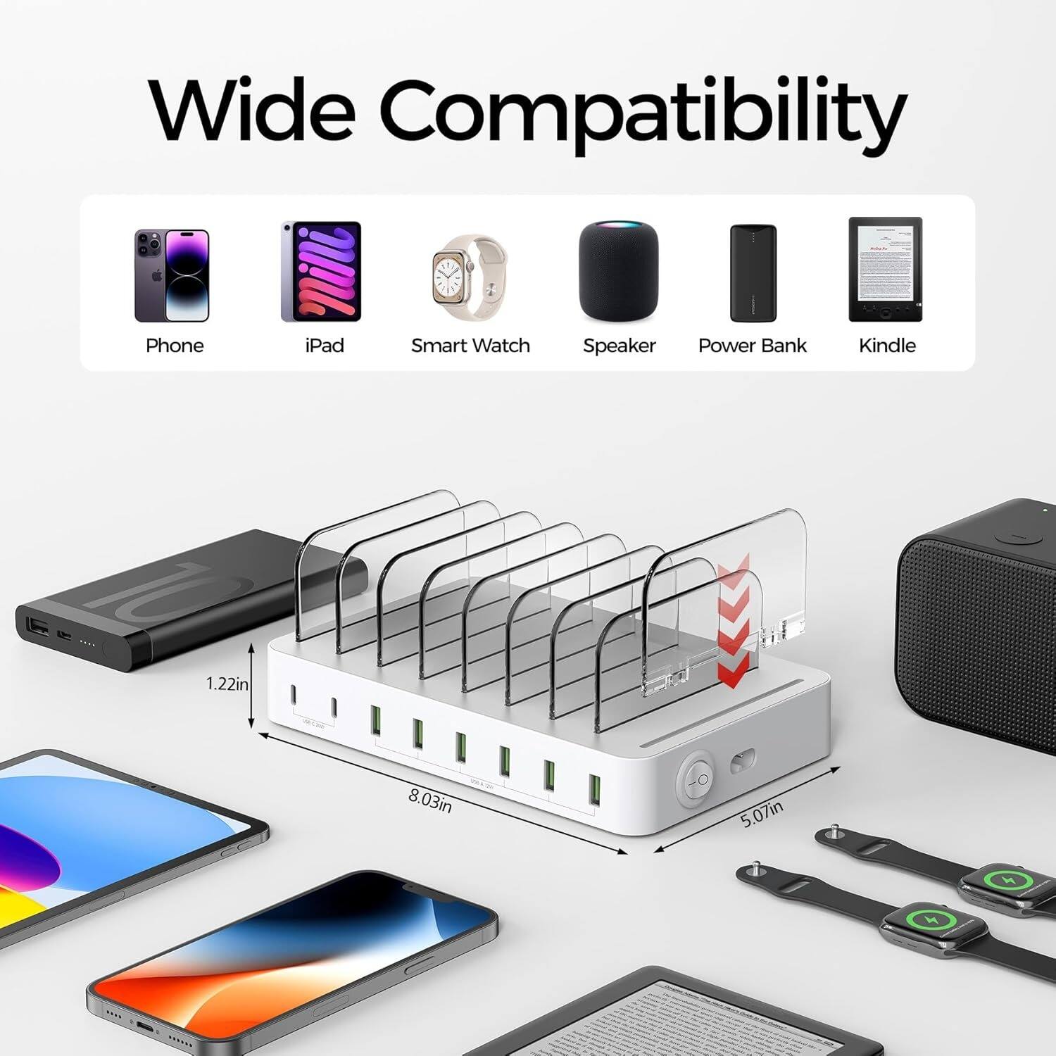 Wide Compatibility, Phone, iPad, Smart Watch, Speaker, Power Bank, Kindle, 1.22in, 8.03in, 5.07in, 5