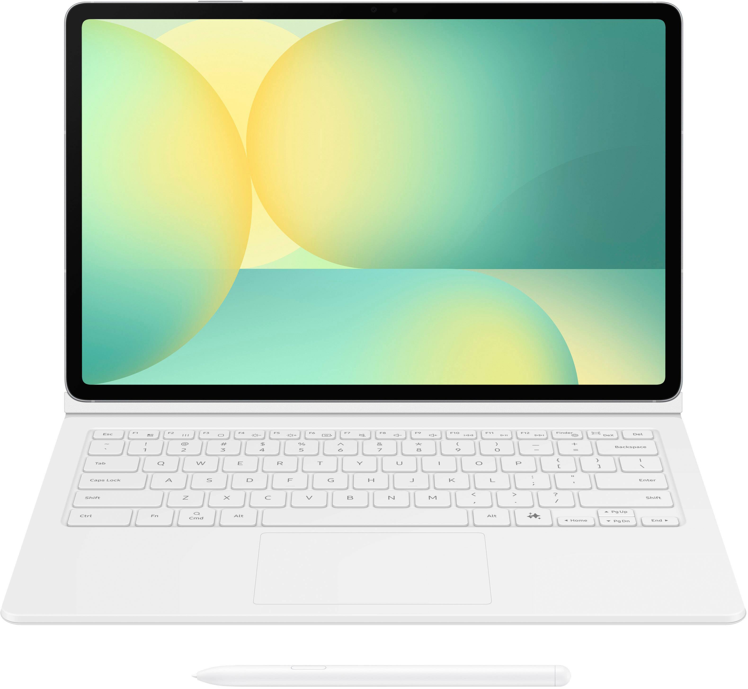 The text on the image reads:

"A 14 inch laptop computer with a keyboard and a mouse. The screen displays a colorful image of bubbles. The laptop is white and has a touchpad."