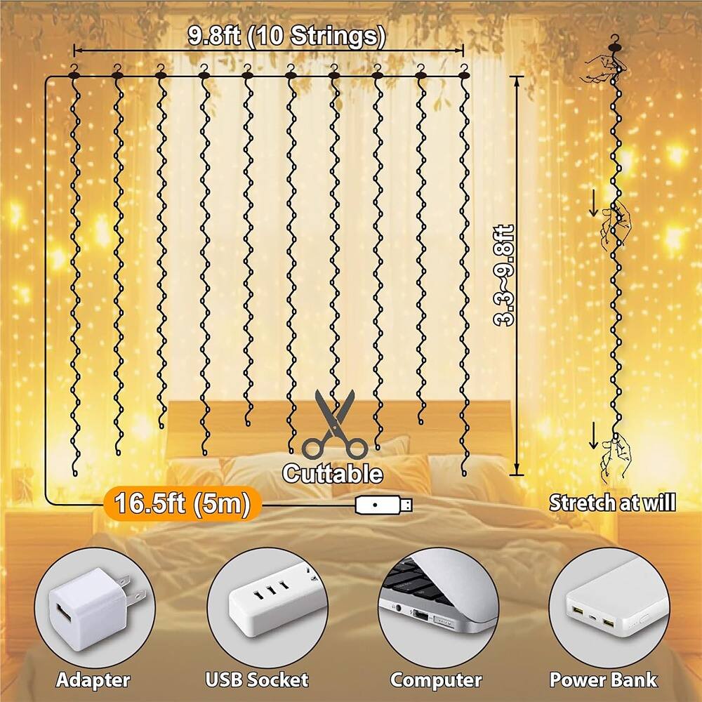 9.8ft (10 Strings)  
3.3~9.8ft Cuttable  
16.5ft (5m) Stretch at will  

Adapter  
USB Socket  
Computer  
Power Bank