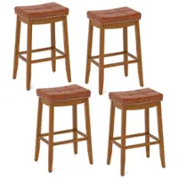 Costway - 29" Bar Height Stools Set of 4 with PU Leather Seat Solid Rubber Wood Frame - Brown - Front_Zoom