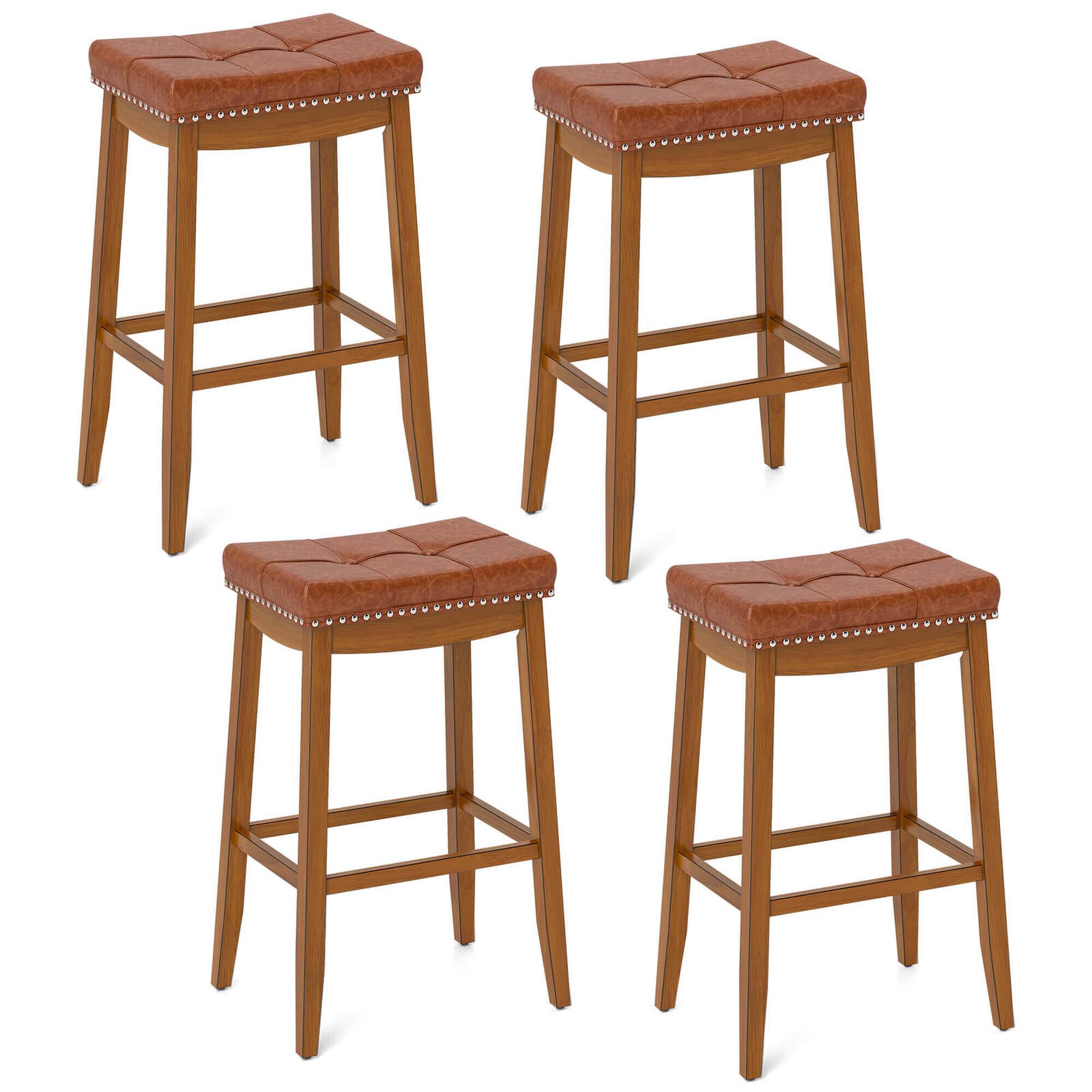 Front. Costway - 29" Bar Height Stools Set of 4 with PU Leather Seat Solid Rubber Wood Frame - Brown.