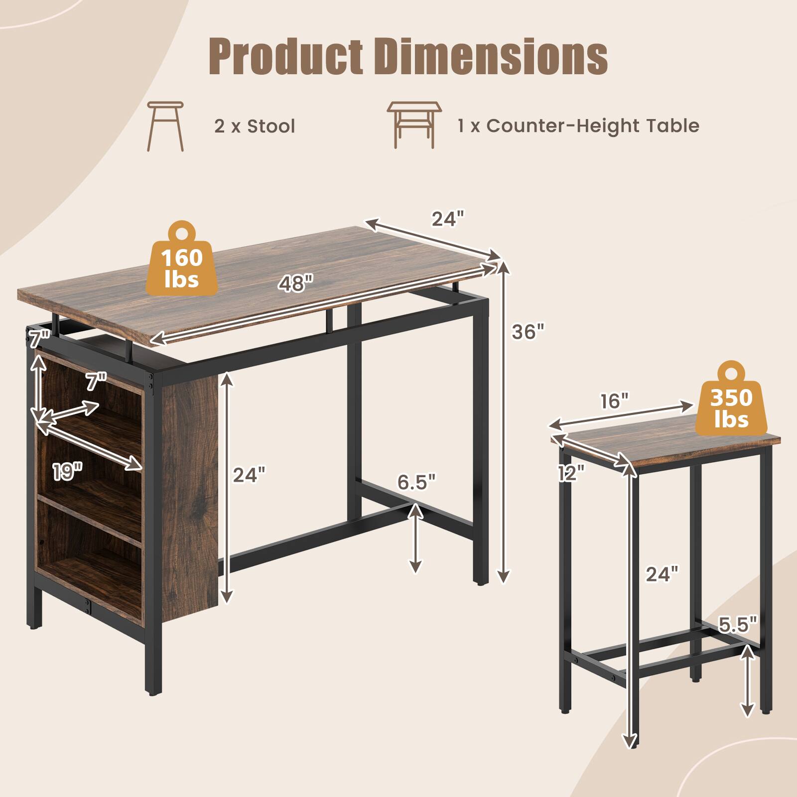 Product Dimensions

2 x Stool
- 16" (width)
- 12" (depth)
- 5.5" (height)
- 160 lbs (weight)

1 x Counter-Height Table
- 48" (length)
- 24" (width)
- 36" (height)
- 19" (shelf depth)
- 6.5" (shelf height)
- 350 lbs (weight)