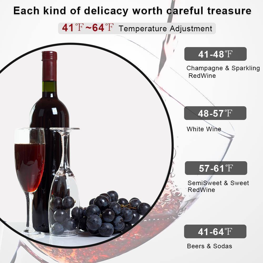 Each kind of delicacy worth careful treasure

41°F~64°F Temperature Adjustment

- 41-48°F: Champagne & Sparkling Red Wine
- 48-57°F: White Wine
- 57-61°F: SemiSweet & Sweet Red Wine
- 41-64°F: Beers & Sodas