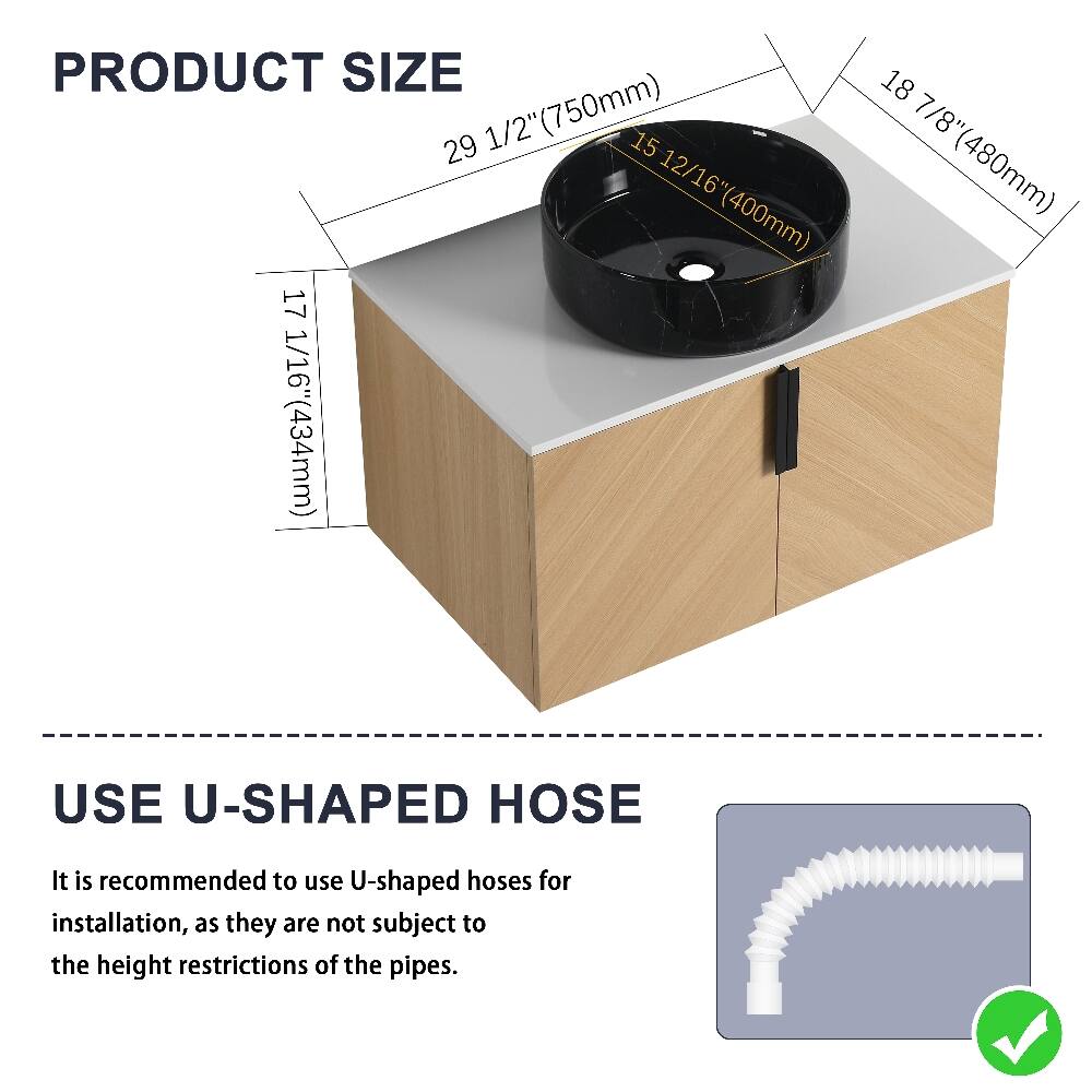 PRODUCT SIZE  
18 7/8" (480mm)  
29 1/2" (750mm)  
15 12/16" (400mm)  
17 1/16" (434mm)  

USE U-SHAPED HOSE  
It is recommended to use U-shaped hoses for installation, as they are not subject to the height restrictions of the pipes.