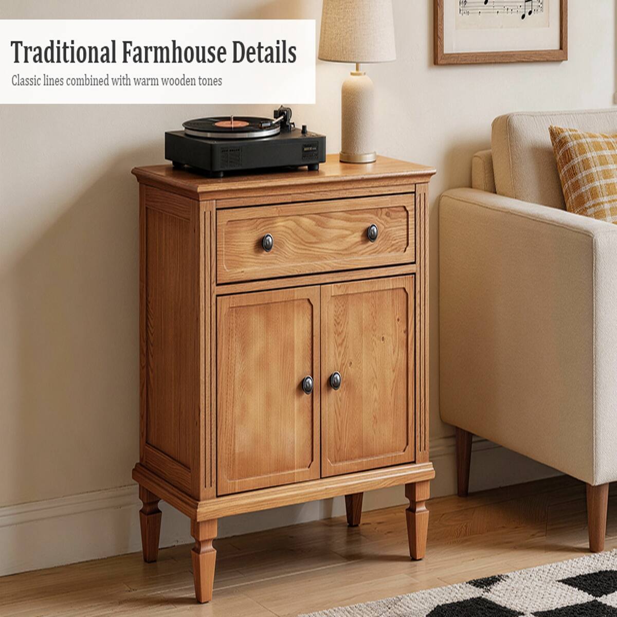 Traditional Farmhouse Details  
Classic lines combined with warm wooden tones