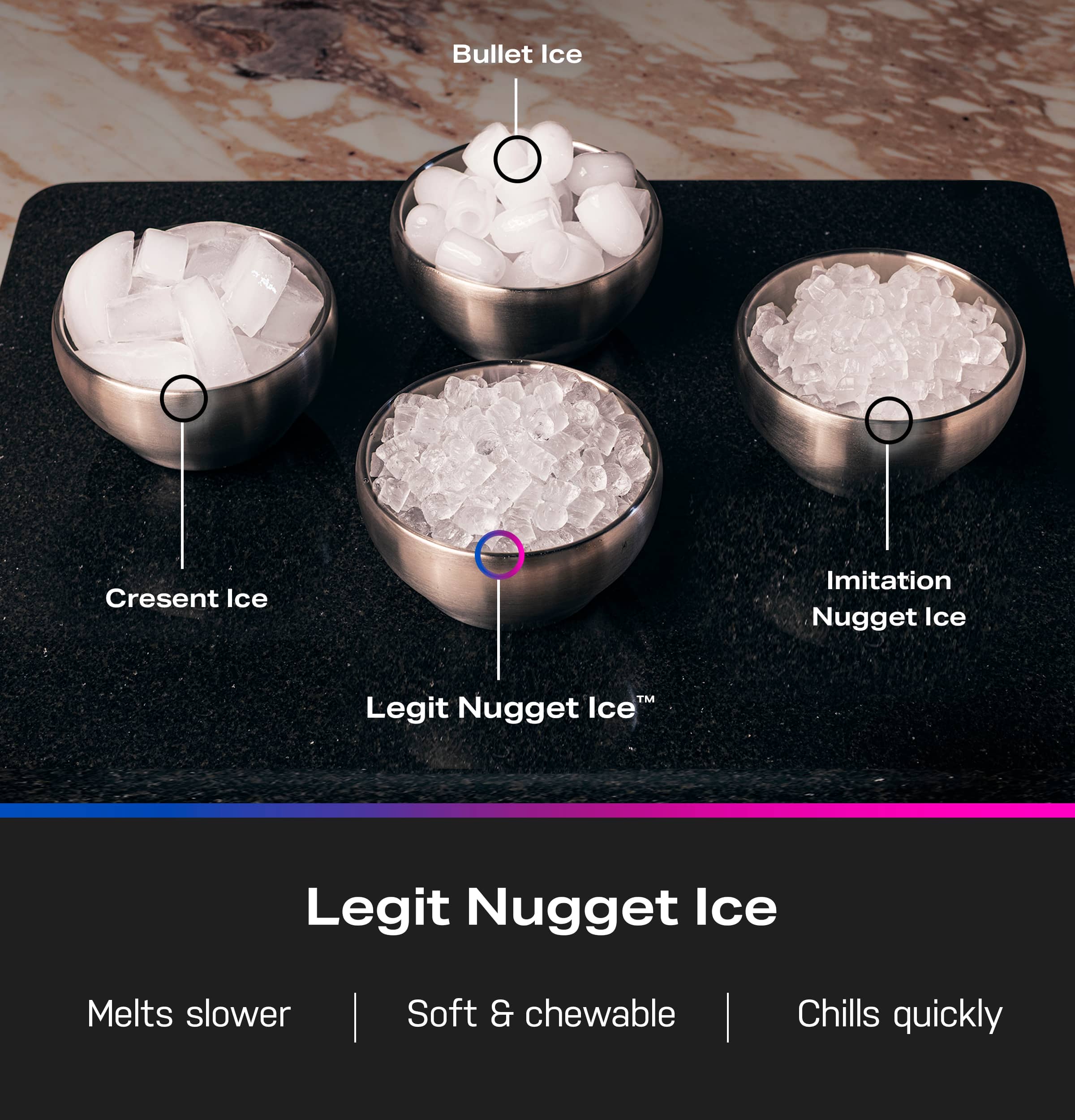 - Bullet Ice
- Crescent Ice
- Imitation Nugget Ice
- Legit Nugget Ice
Legit Nugget Ice
- Melts slower
- Soft & chewable
- Chills quickly