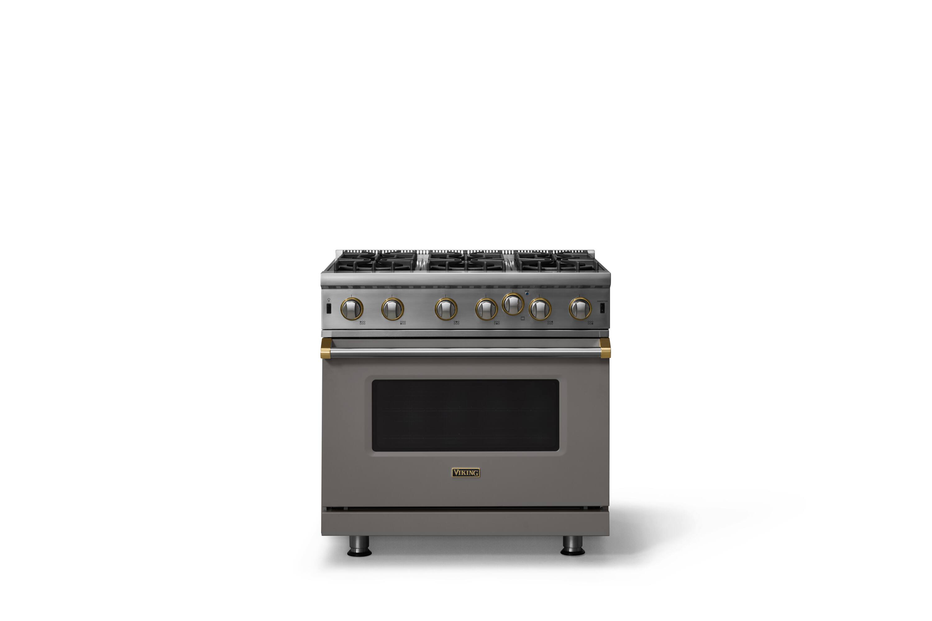 Front. Viking - Professional 5 Series 5.1 Cu. Ft. Freestanding Open Burner Gas Convection Range - Damascus Gray w. Brushed Brass Trim - Damascus Gray.
