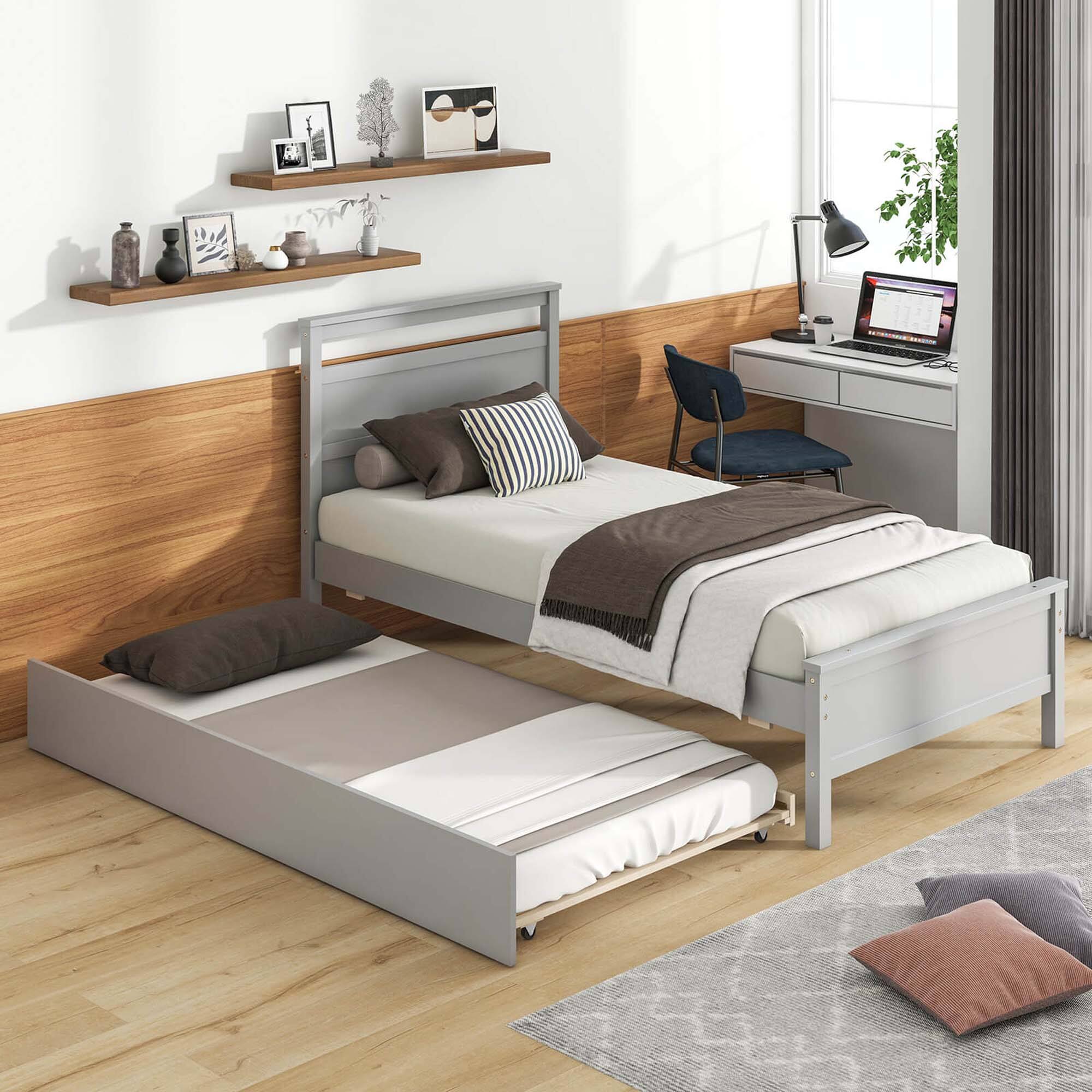 Back. Costway - Twin Size Platform Bed with Trundle Pull-out Trundle Headboard & Footboard - Gray.