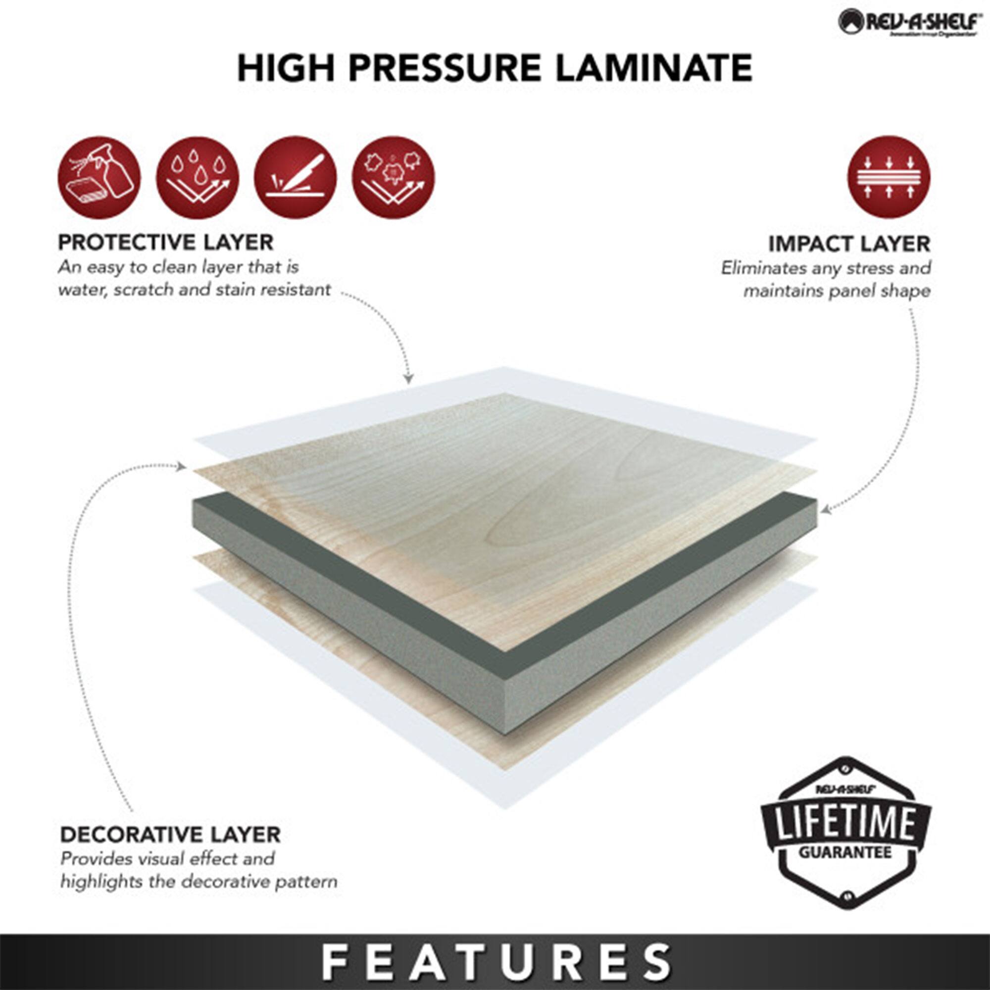 HIGH PRESSURE LAMINATE

PROTECTIVE LAYER
An easy to clean layer that is water, scratch and stain resistant

IMPACT LAYER
Eliminates any stress and maintains panel shape

DECORATIVE LAYER
Provides visual effect and highlights the decorative pattern

LIFETIME GUARANTEE

FEATURES