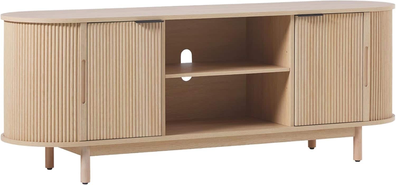 Front. Walker Edison - Modern Reeded 60” TV Stand with Open and Concealed Storage - Costal Oak.
