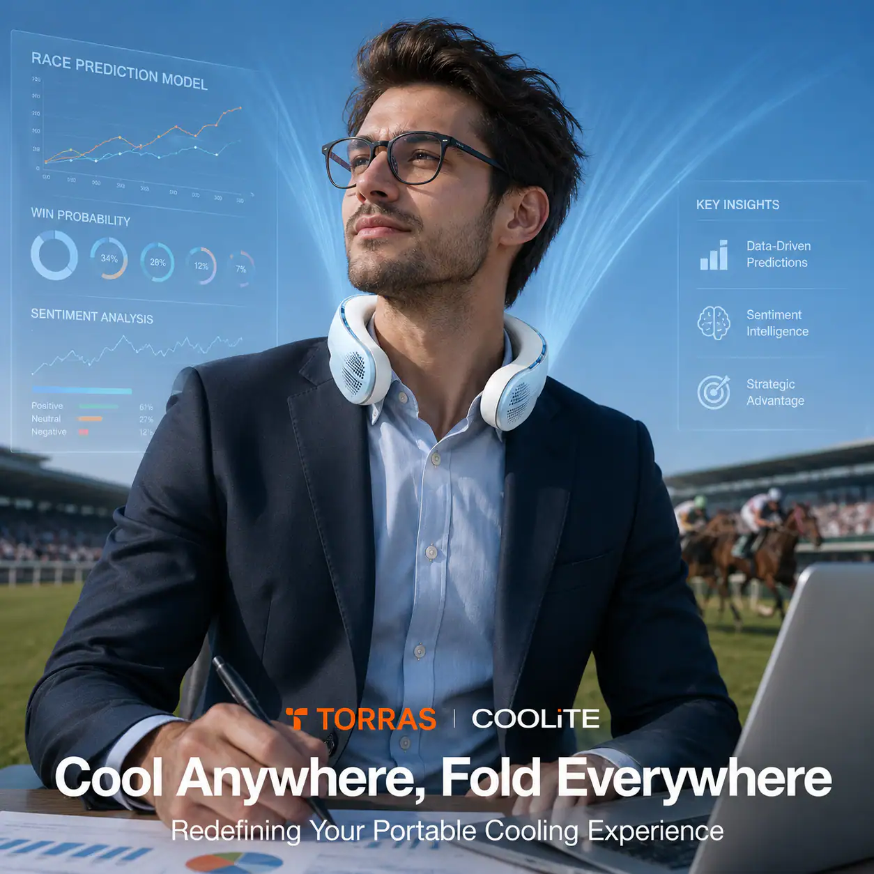 RACE PREDICTION MODEL

WIN PROBABILITY
34% 26% 12% 7%

SENTIMENT ANALYSIS
Positive 61%
Neutral 27%
Negative 12%

KEY INSIGHTS
Data-Driven Predictions
Sentiment Intelligence
Strategic Advantage

TORRAS | COOLiTE
Cool Anywhere, Fold Everywhere
Redefining Your Portable Cooling Experience