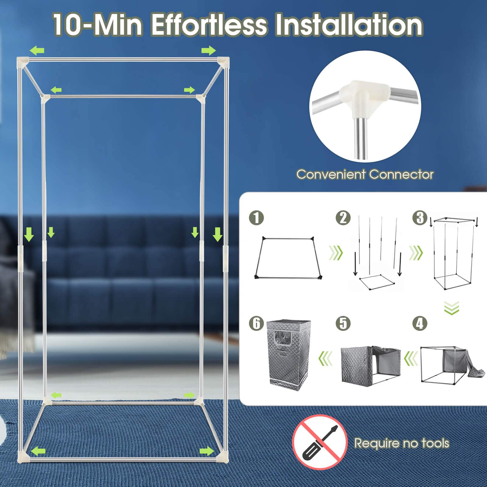 The text on the image reads: "10-Min Effortless Installation Convenient Connector 1 2 3 6 5 4 Require no tools."